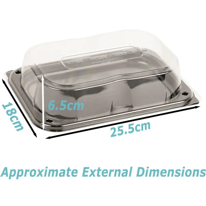 Clear plastic ultimate small sandwich platter with metallic base and unique press stud secure closing lid embossed rinse reuse recycle