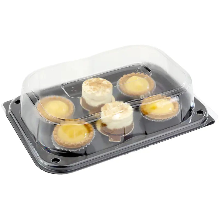 Clear plastic tart container with 6 assorted tarts and unique press stud lid