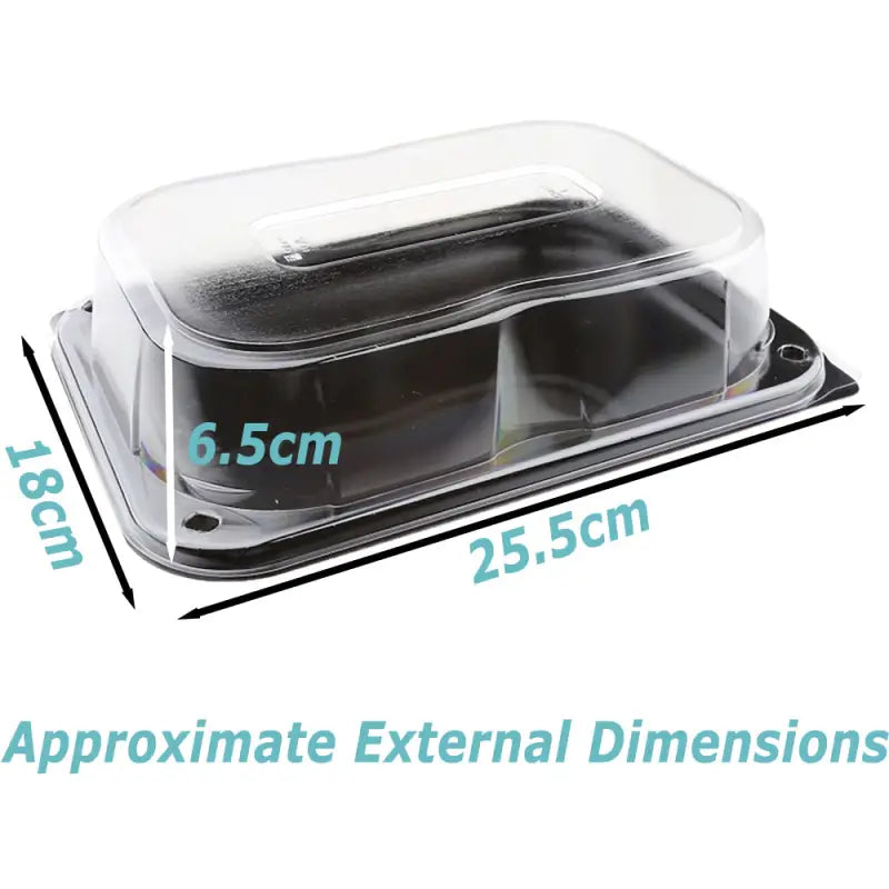 Clear rectangular plastic food container with unique press stud lid, 25.5x18cm