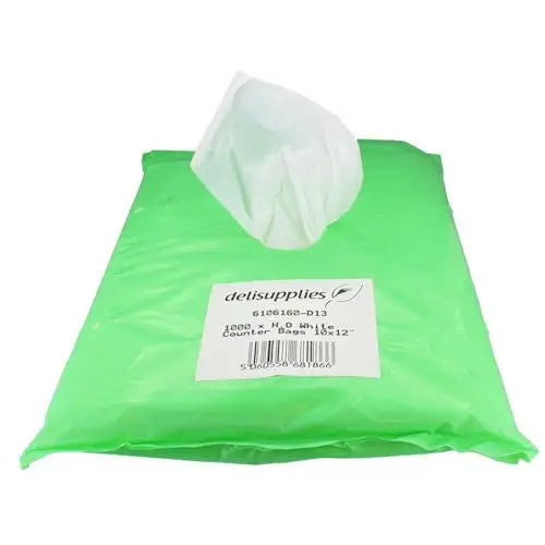 Bright green plastic bag of disposable wipes with label on White HDPE Counter Bags