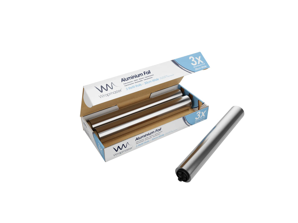 Wrapmaster 1000 aluminium foil refill 30cm x 30m in a cardboard box with three rolls and one roll beside it