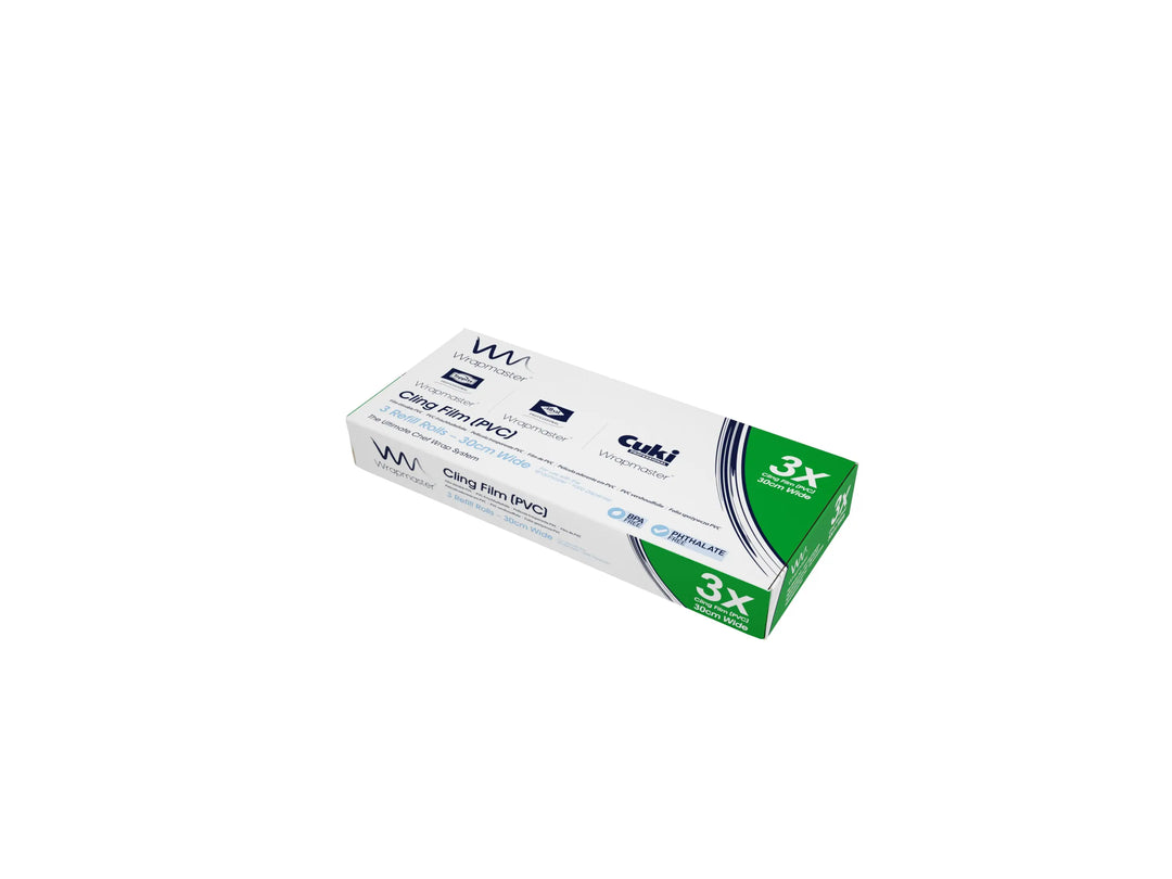 White and green cuki cling film box refill 30cm x 100m pvc wrapmaster 1000 3 rolls with 3x feature