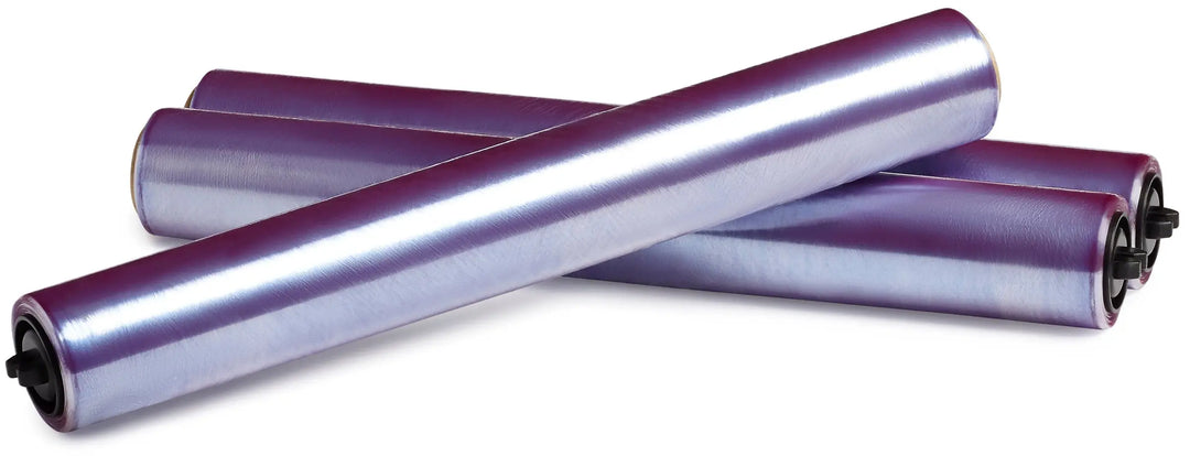 Purple metallic cylindrical rollers with black end caps for wrapmaster 1000 cling film refill 30cm x 100m