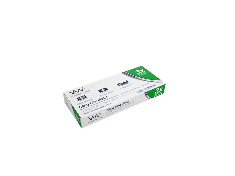 Wrapmaster 1000 cling film refill 30cm x 100m 3 rolls white and green pvc cling film packaging with branding