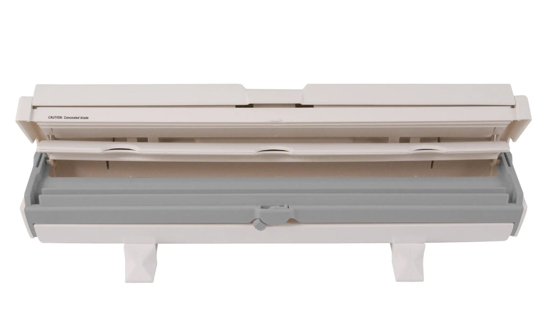 Beige and gray plastic wrapmaster 1000 dispenser with sliding mechanism that 63m10 takes film foil refills