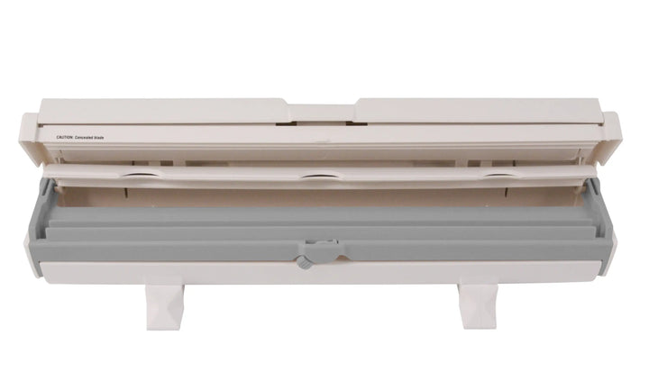 Beige and gray plastic wrapmaster 1000 dispenser with sliding mechanism that 63m10 takes film foil refills