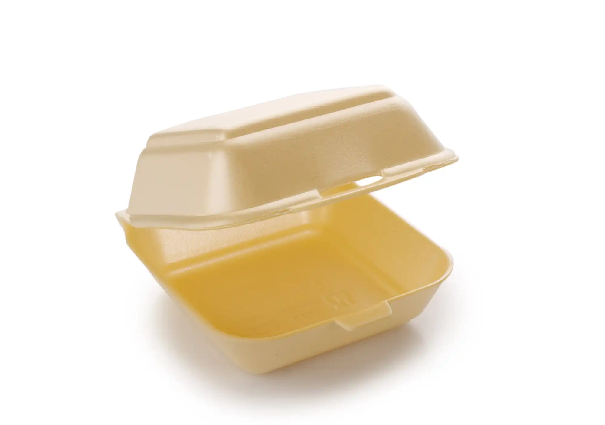 Yellow foam takeout container with a hinged lid.